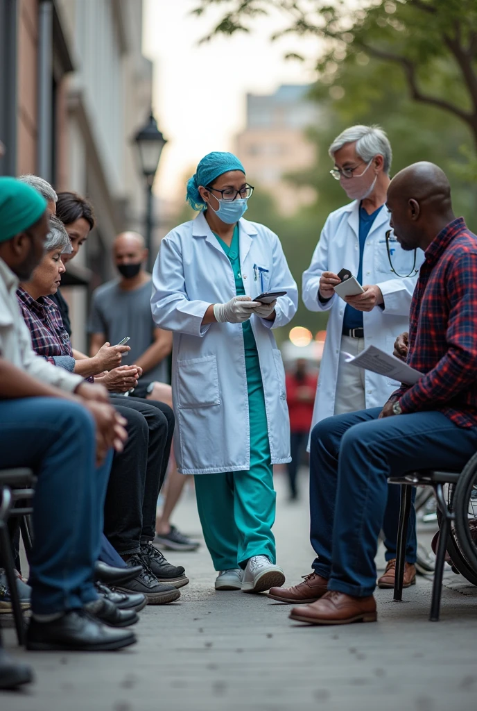Create images that illustrate the topic IMPLEMENTATION OF STRATEGIES TO ADDRESS HIV IN STREET DWELLERS: A PRACTICAL APPROACH TO IMPROVING PUBLIC HEALTH, with doctors, Nurses and homeless people