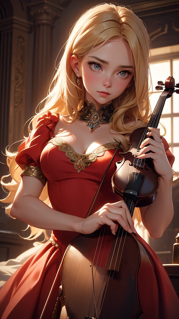 hyper realistic image of the highest quality, the perfect masterpiece, perfect work of art, 8k, a beautiful young woman in a red dress, dress with a low neckline, blonde hair, upturned nose, is playing the violin on a bright stage, realistic oil painting, detailed face, detailed hands, chiaroscuro lighting, dramatic lighting, warm color tones, muted colors, elegant, cinematic, intricate details, photorealistic, 8k, high resolution, best quality, masterpiece, annie leibovitz style photography, ilya kuvshinov style, soft light, studio light, (intricate details), majestic, aesthetic