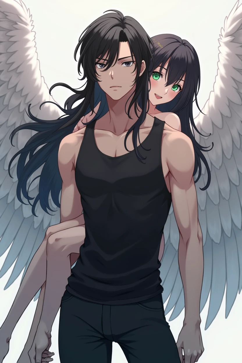 A guy with long black hair, black tank top and black leggings, grey eyes, Beautiful face, Beautiful skinny body, a girl with white angel wings stands behind, shoulder length black hair, green eyes. anime art, masterpiece