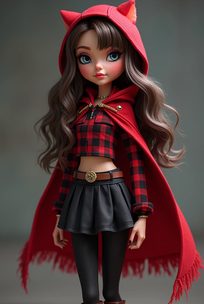Cerise Hood from Ever After High has long, dark brown hair with several white streaks (predominantly on the left side) and slate gray-blue eyes. She has tan skin like her father. When she has her wolf-like outbursts. Cerise Hood wears a plaid red and black top with skater skirt, leggings, and a red hooded cape. She also has brown hair with white streaks and bangs, wears a pair of brown wedge boots. She is shy and blushes. https://royal-rebel-pedia.fandom.com/wiki/Cerise_Hood/Outfits