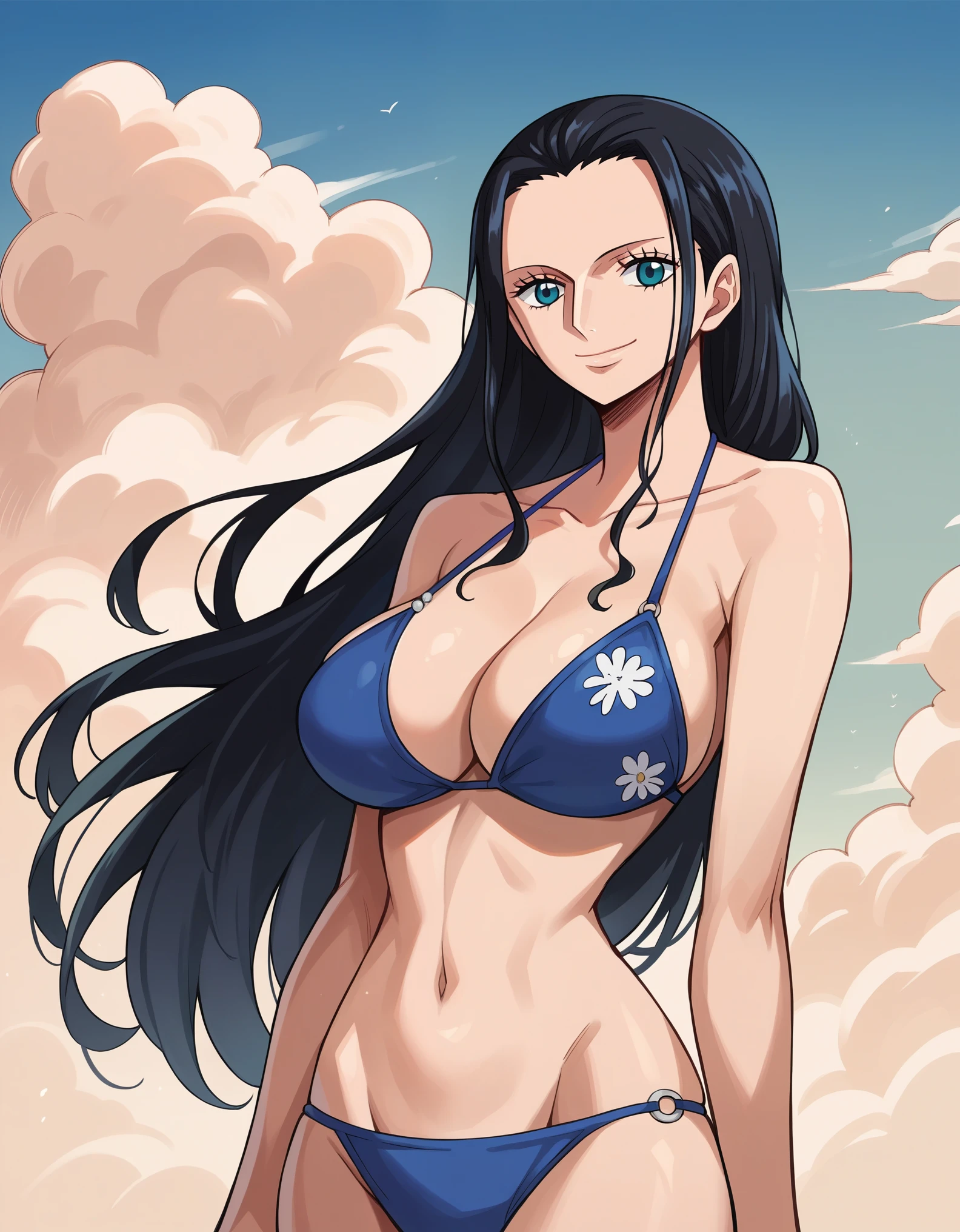 score_9, score_8_up, score_7_up, best quality, source_anime, clear face, 1girl, Nico Robin, black hair, long hair, blue eyes, large , bikini, cleavag, looking at viewer, from front, sky, standing 