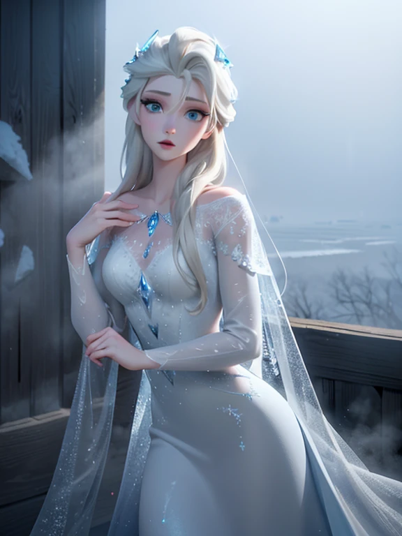 (((Foggy Background:1.3, fantastic mist, Mysterious Fog:1.3))), elsa of arendelle, long hair, white cape, blue ice dress, snow, ice, Crystal Castle, posing like a model, very beautiful face, crystals, dreamy and fantastical atmosphere, Ultimate beauty, Looking at the viewer, Winter Scenery, ((masterpiece, best quality, Highly detailed CG, high resolution)), 4k wallpaper