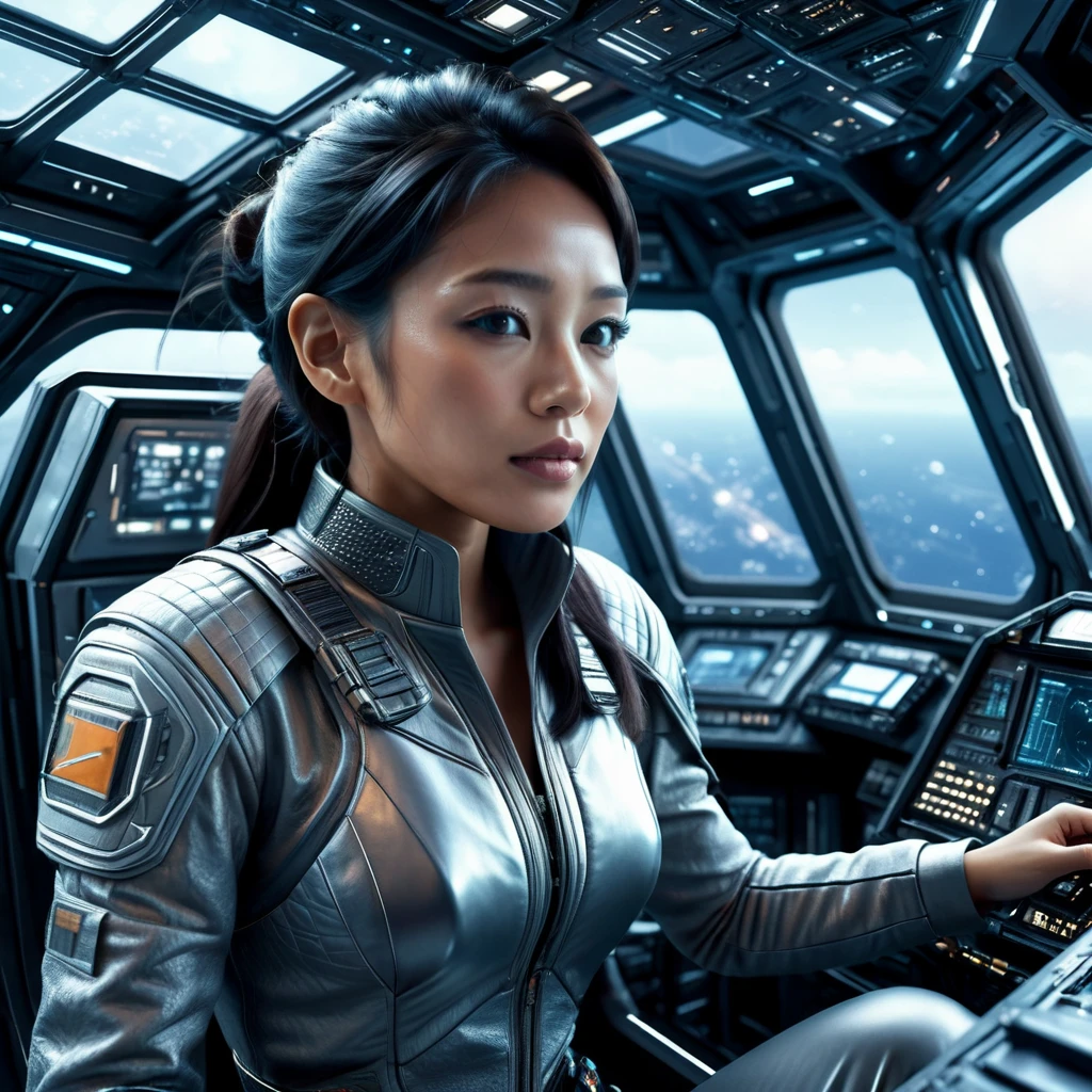 dynamic shoot, frontal angle, an Indonesian woman, in the cockpit of a spaceship, futuristic clothing, the atmosphere of a battle in outer space seen from the cockpit window, intricate details of the cockpit interior, futuristic and sophisticated, sharp details on every element, high octane render, sci-fi, UHD, HDR+, 32K