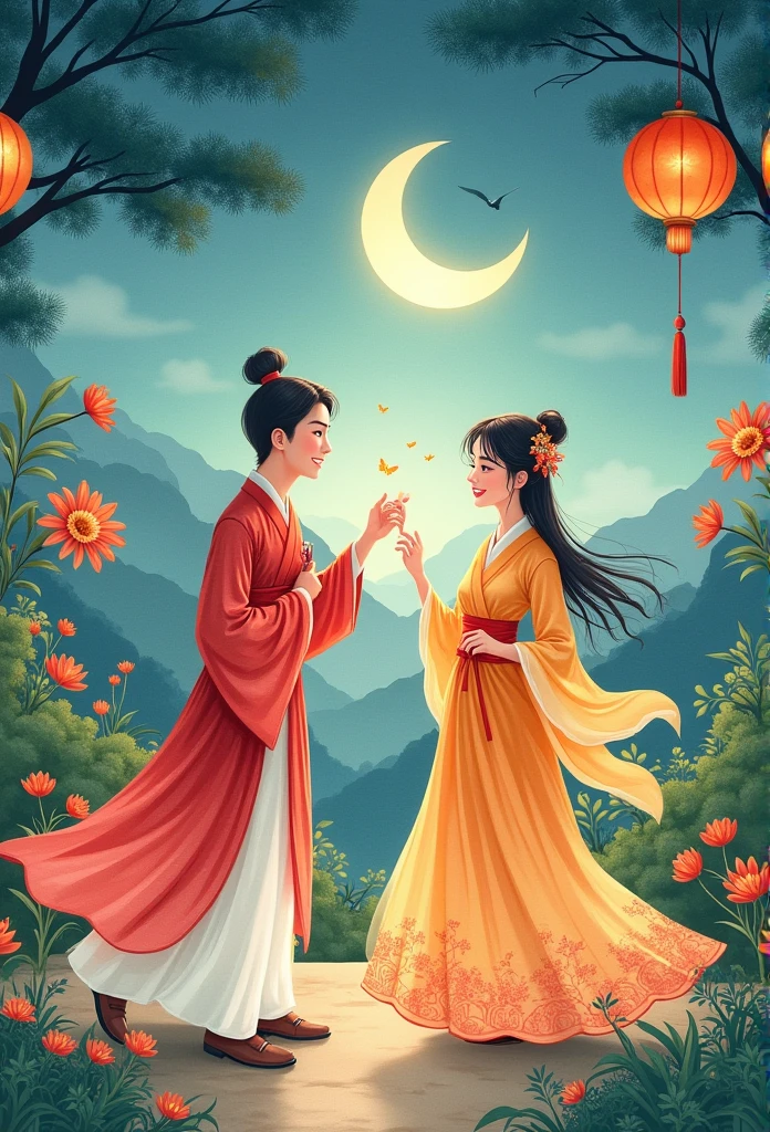 Two couples,Qixi Festival,Mid-Autumn Festival,classical,Qi Baishi painting style,modern style,Watercolor