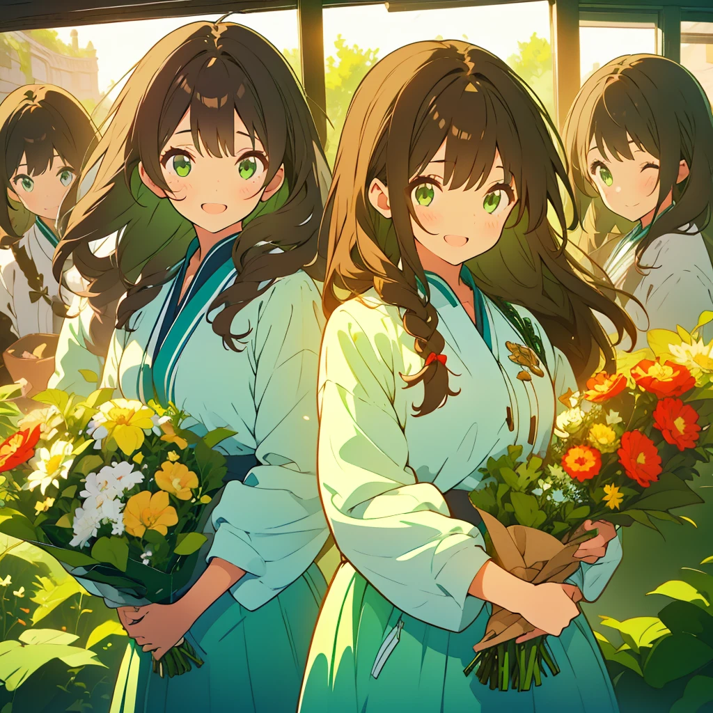 A girl with long dark brown hair and green eyes、Highlight on eyes、celebration、bouquet、Detailed facial expressions、smile、whole body、Uplifting、Jumping、No background、Draw only one person、Only one person、Stereoscopic View、uniform