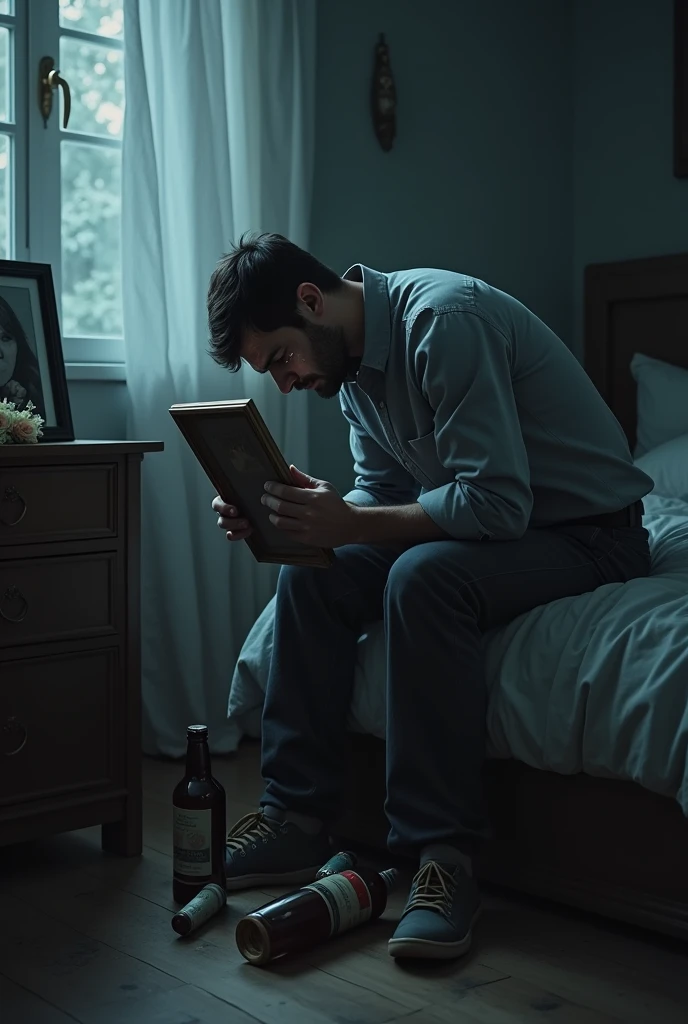 Man sitting on the edge of the bed, a portrait in his hand, sad, melancholy, sobbing, remembering, To the woman who left forever, drowning his sorrow with (several bottles of alcohol), regadas por e suelo a dimly lit room, dark, sober, wishing to die to be with her, some reflections of the moonlight subtly enter, on the bureau some flowers he never delivered, 