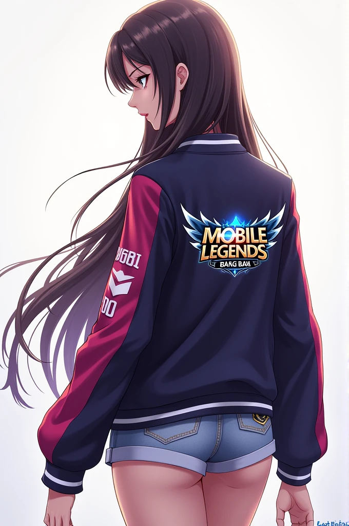Anime woman with long hair no bangs, facing back with side head wearing jacket with logo of mobile legends bang bang and with my last name SUMIQUIAB