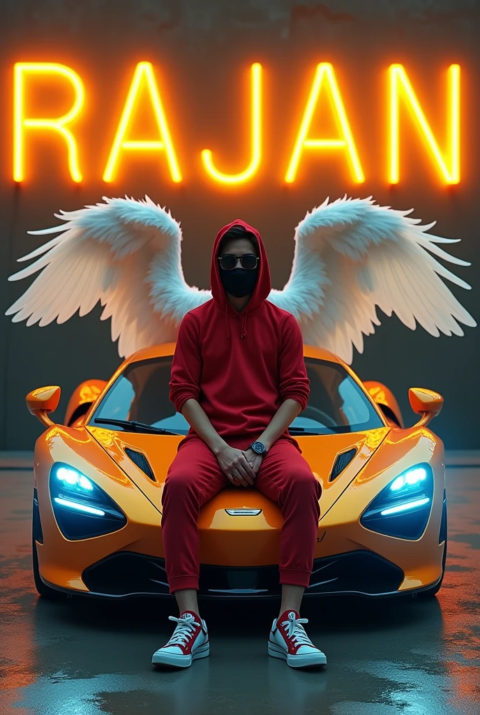 create a realistic profile picture where a 25 year old boy attitude BOY in a red dress and sunglasses sitting casually on a wingback indian flag color Super car, wearing sneakers, with black mask, and sunglasses, be looks ahead, the background features Rajan in big and capital in yellow neon font on the dark grey wall, there should not be his shodow, and there are wings to make it appear as if be is an angel.