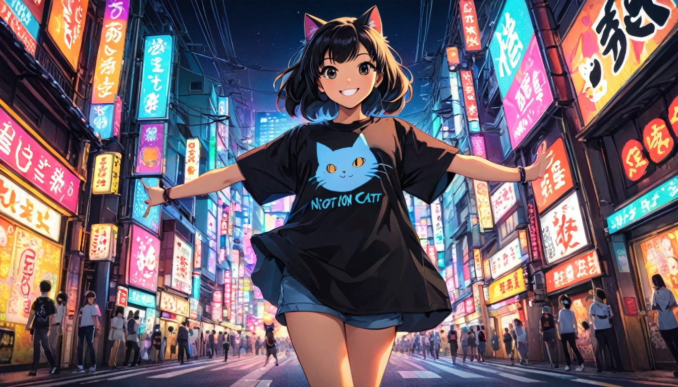 (((wide angle shot, mid body))), Girl, walking, spread arms and hands up, T-shirt, White, Art, Retro, Cartoon Collage, little black cat on sholder, Smile, tokyo city night background, neon light, detailed background, Anime Style