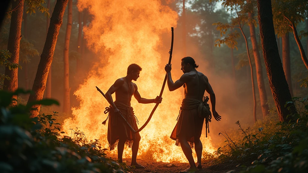 Two Cambodian hunters fight magic fire in the forest during the day 8k August 14, 2024