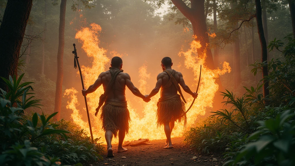 Two Cambodian hunters fight magic fire in the forest during the day 8k August 14, 2024