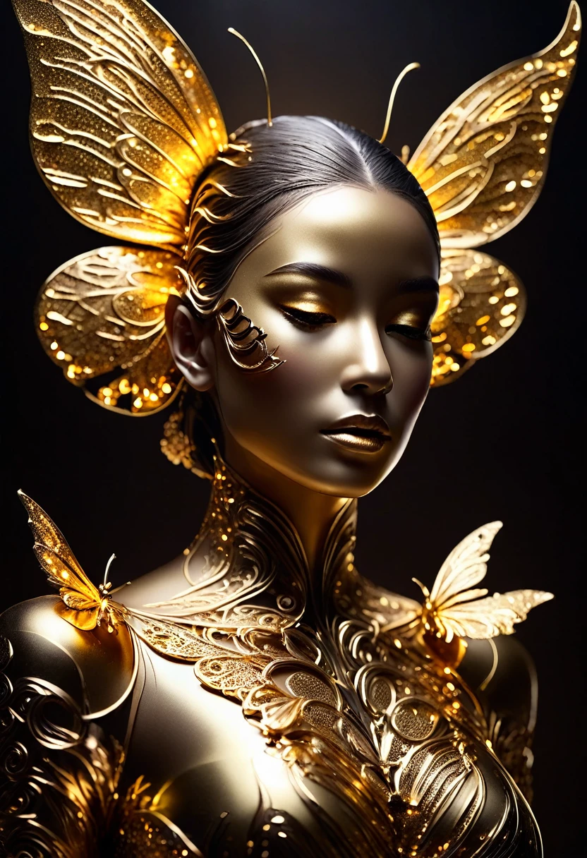 Midjourney, MJ, Midjourney style, poster, light background, close-up, gold leaf art：1.5.Made of platinum，Golden mask，statue，Flowing golden sands，Still Life Table Setting，dark background，Woman portrait sculpture，look up，Golden butterfly on cheek，Hollow butterfly wings，Gold Crumbs，Gold particles，modern style, High resolution, artwork，Advanced complex technology，Gold confetti falling in the air，Gold foil confetti：1.5