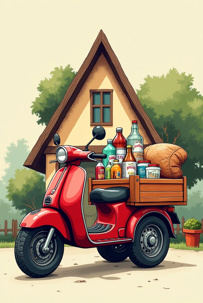 Large red cargo motorcycle with drinks, cereals, bottled milk, bean bag, packaged bread, behind the triangular roof of a cartoon style house drawn freehand