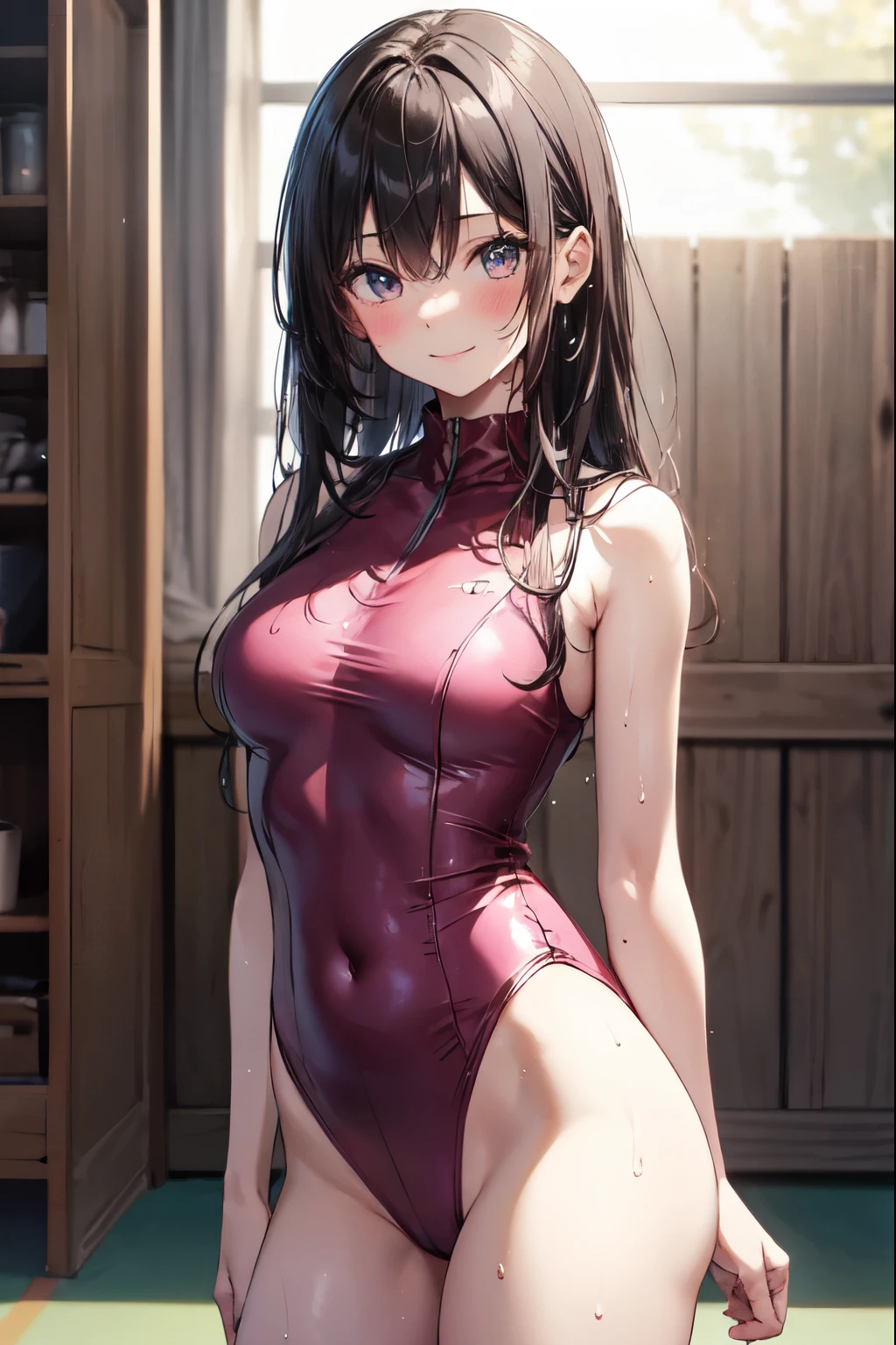 very cute and beautiful girl,(highly detailed beautiful face and eyes),(pink leotard:1.2),sleeveless,wet,sweat BREAK (seductive smile),blush,
standing near training mat in wooden gym,arms behind back,cowboy shot BREAK hair band,black hair,looking at viewer,
(best quality,masterpiece),absurdres,highres,ultra-detailed,extremely detailed,32k,8k resolution,
intricate details,cinematic scene,detailed background,solo,dynamic angle,