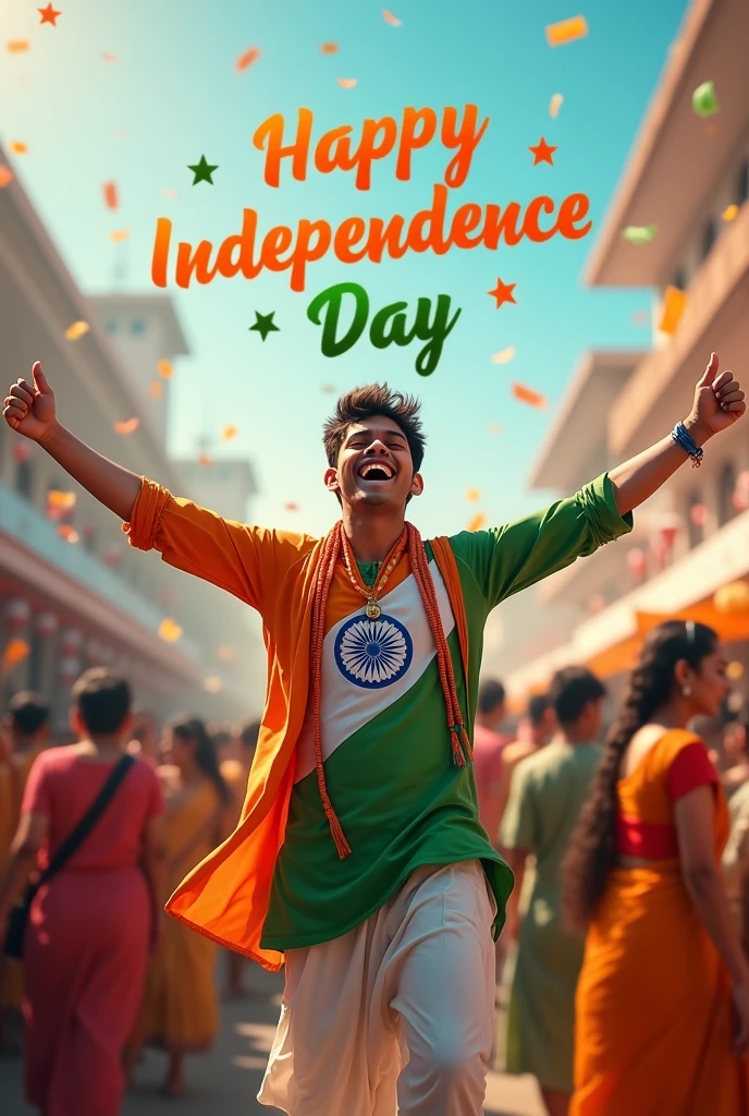 A real 20-year-old boy joyfully celebrates Indian Independence Day. He is wearing traditional Indian outfits with the name "Dipak" written on his attire. Above him, in the sky, the words "Happy Independence Day" are displayed in a bold font. The backdrop is filled with people celebrating, enhancing the festive and patriotic spirit of the day.