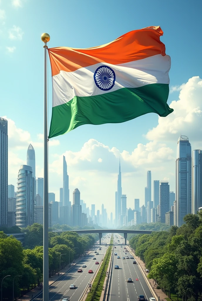India as a developed nation 2047 with a big Indian flag inside a new unique modern Odisha city