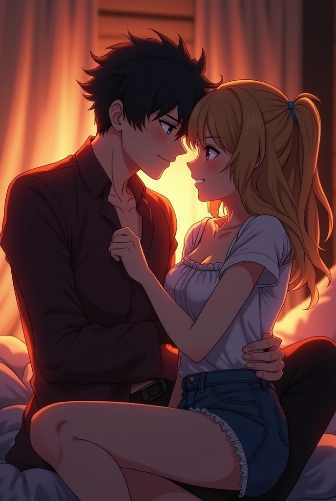 Create an anime-style image featuring a 21-year-old boy and girl in a dimly lit, intimate room. The boy, with a confident, flirtatious smile, is leaning close to the girl, trying to remove the gurl's clothes who is blushing and playfully holding onto her slightly disheveled outfit. The atmosphere is charged with sensuality, with warm, ambient lighting and soft shadows creating a seductive glow. The background includes hints of plush textures and luxurious fabrics, enhancing the intimate, alluring vibe.