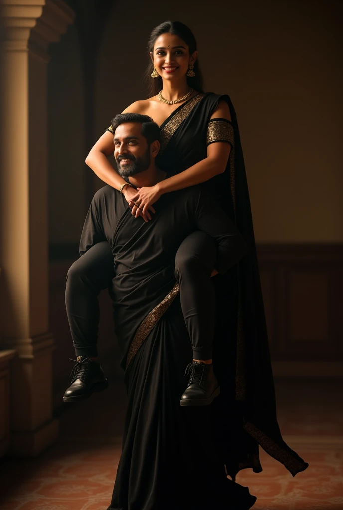 a smiling and beautiful Indian actress in black saree carrying a large man on her shoulders, inside a dark room, man is sitting on her shoulders