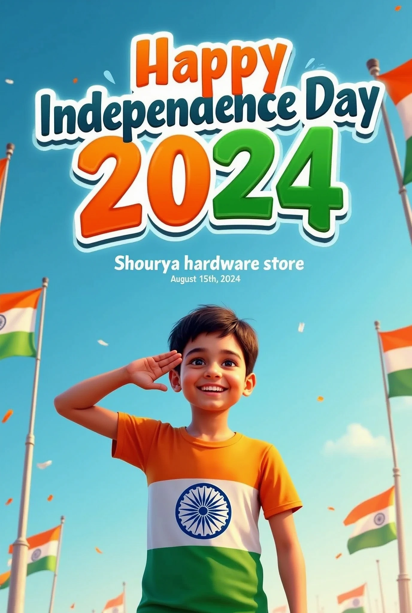 A young boy stands proudly under a clear blue sky, celebrating Independence Day on August 15th, 2024. He is wearing a vibrant tricolor T-shirt with his name "shourya hardware" printed on the back, along with a large image of the Ashoka Chakra. The sky above him features the words "Happy Independence Day 2024 
Shourya hardware store" in bold, festive letters. Indian flags are flying around him, and a sense of national pride fills the air as he salutes, symbolizing his love for the country.