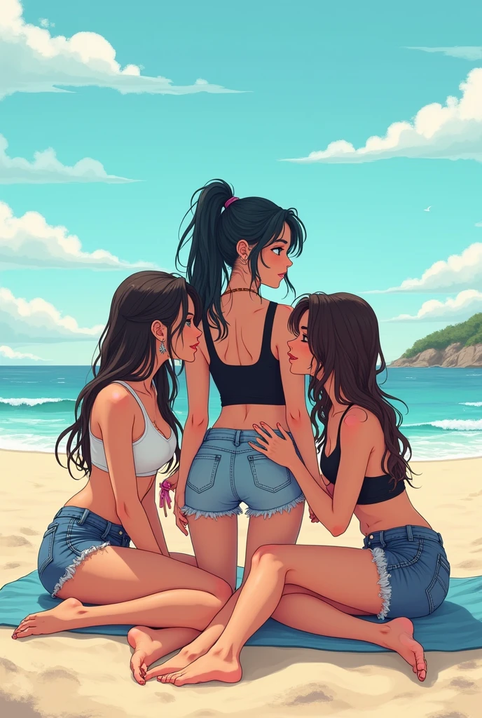 Anime Line Art Jade (with a wiry body and dark, slightly matted hair tied into a loose ponytail and wearing a black crop-top and ripped denim shorts) leaned back on her hands, her wiry frame relaxing into the soft sand as she gazed out at the ocean, content in her position at the center of her friends’ attention. Blair, the shortest of the group with her bleach-blonde hair (multiple piercings, tight tank top and short skirt) and mischievous eyes, was sprawled out beside her, lazily tracing patterns in the sand with one hand while the other rested on Jade’s thigh. Harley, the athletic fiery redhead (athletic build, sports bra and track shorts), was perched on Jade’s other side, her toned legs crossed as she leaned in closer, her fingers playfully brushing against Jade’s arm. Nia, with her dark braids cascading over her shoulders (teenage hourglass figure and wearing a bikini top and cut-off shorts), had settled behind Jade, hugging Jade from behind with her plump breasts and her curvier body pressing against Jade’s back as she whispered something in her ear that made Jade chuckle. (Four teenagers hanging out on the beach, with Blair, Harley and Nia crowding and loving on Jade) (four people mentioned in this scene need to be present)