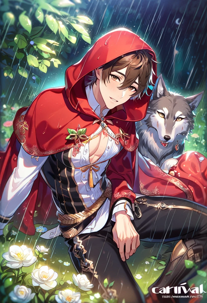 absurdres, highres, ultra detailed, HDR, master piece, best quality, extremely detailed, detailed eyes, Eiden, brown hair, expressive brown eyes, Nu Carnival, solo, sexy man sitting, handsome, horny, lewd, The Red Riding Hood And The Wolf, fantasy clothes, black pants, red hooded cape, spring, flowers, green leaves, magical forest, dark fantasy, rain, night