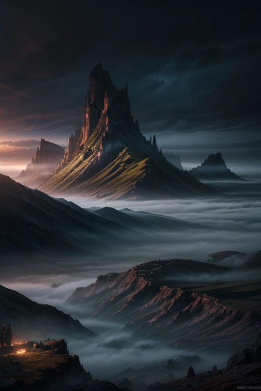 Mysterious landscape covered in thick fog,Cinematic構図,Dramatic atmosphere,(Highest quality,8k,High resolution,masterpiece:1.2),Super detailed,(Real,Photorealistic,Photorealistic:1.37),Dramatic lighting,Colors of a dark atmosphere,Atmospheric,Cinematic,Fantasy,Concept Art,Anxiety about the future、A scene of hope with light streaming in,