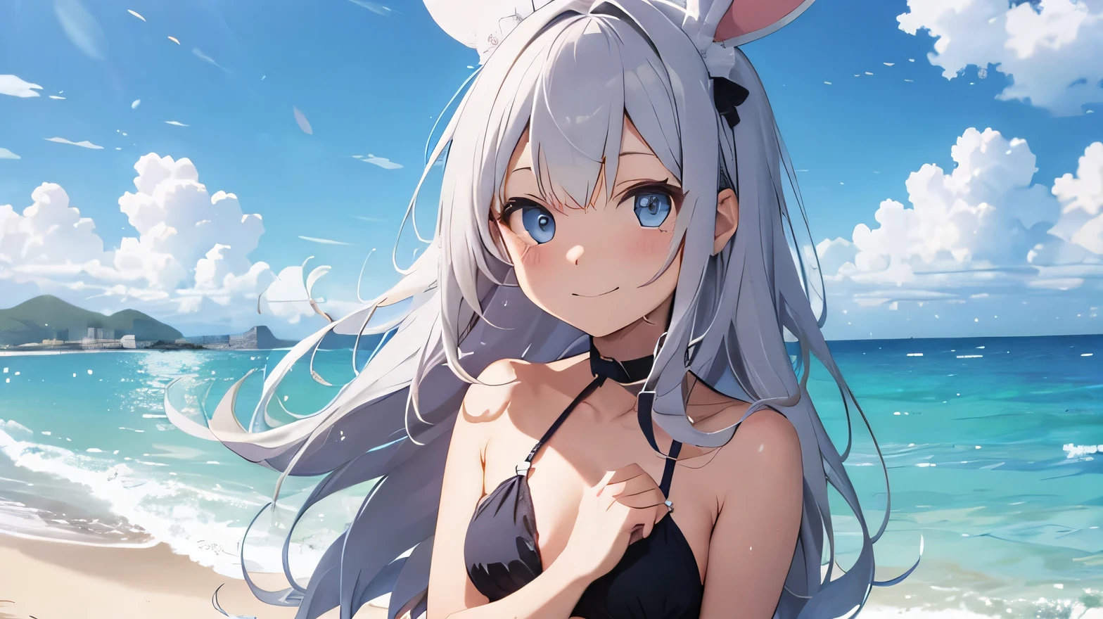 Highest quality, cute, pastel colour, Fluffy white bunny ears, smile,Silver Hair,Blue eyes,wallpaper style,Beach、Sandy Beach、Swimwear、