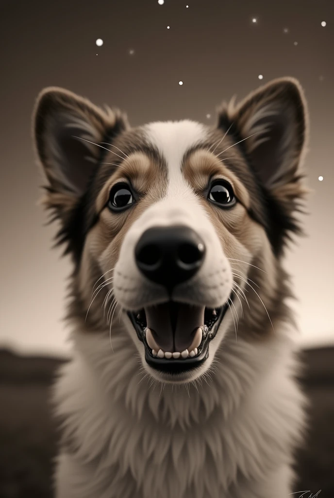 Close-up of a surprised Shetland Sheepdog, Starry sky in the background、Monochrome、Sepia、puppy