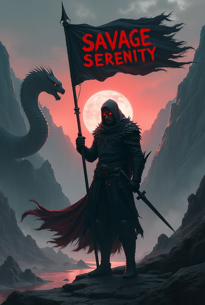 There is a warrior in red eyes and smiling hard while he was about to die in balck clothes and flying which look dangerous and dark atmosphere and slightly raining he is hold a spear which attached to a flag in the flag SAVAGE SERENITY is written in red blood colour in darky fonts and he's left side a colossal bigger than a mountain snake in balck colour simple snake like structure is there which protects the warrior and in background a mountains in sunset mode The image should be quite far to see ;