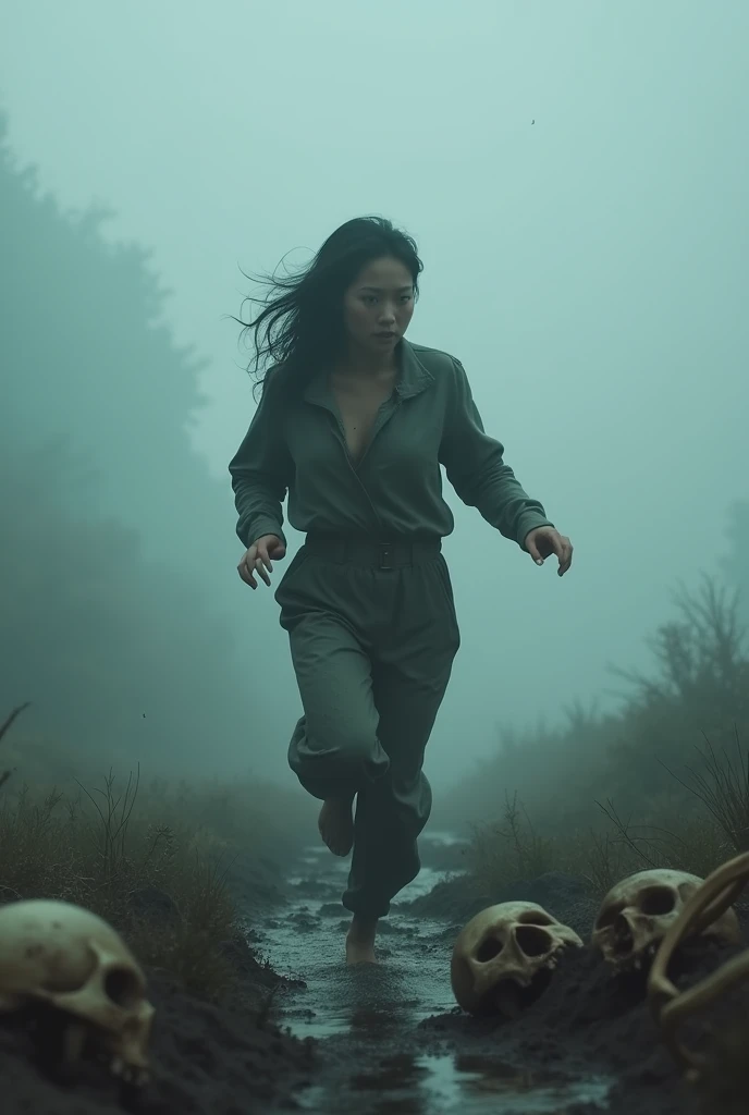 (RAW photo, realistic photo, high quality, masterpiece),heavy Fog ,atmosphere is full of fog, fog block the vision, Japanese beautiful woman is holding a torch and running in the fog, dangerous, skeletons on the ground, corrosive fluids on ground and body, (she wear worn unzip jumpsuit only :1.5, corrosive fluid drop on her clothes, she is scared and run fast), she is looking back 