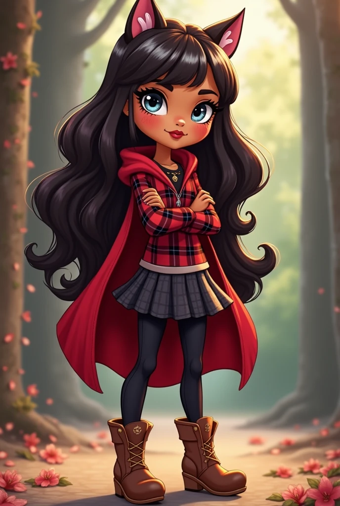 Cute Cerise Hood from Ever After High has long, dark brown hair with several white streaks (predominantly on the left side) and slate gray-blue eyes. She has tan skin like her father. When she has her wolf-like outbursts. Cerise Hood wears a plaid red and black top with skater skirt, leggings, and a red hooded cape. She also has brown hair with white streaks and bangs, wears a pair of brown wedge boots. She is shy and blushes.