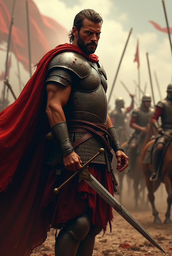 King Alexander is wounded, his horse fallen, yet he continues to fight with a determined expression."