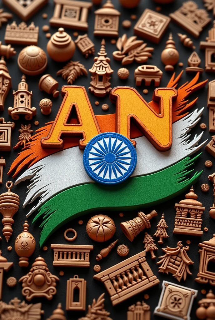 Write a logo with name "AN HANDICRAFT' ' filled with Indian flag and back ground will be wooden handicraft all small items inspiring Indian independence day