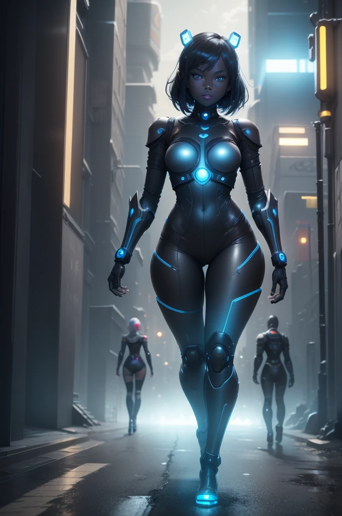 1girl, Female robot, superheroine, android girl, ager, (((black with blue skin tight cyber dress))), (blue shinning core in the chest), (mechanic arms), (Black high heels), dark skin, (shinning blue eyes), ((gray short shoulder length hair)), wide hips, thick thighs, narrow waist, ((walking down a street)), ((futuristic city background)), (at night), (((only one character))), (((alone))), (((solo)))