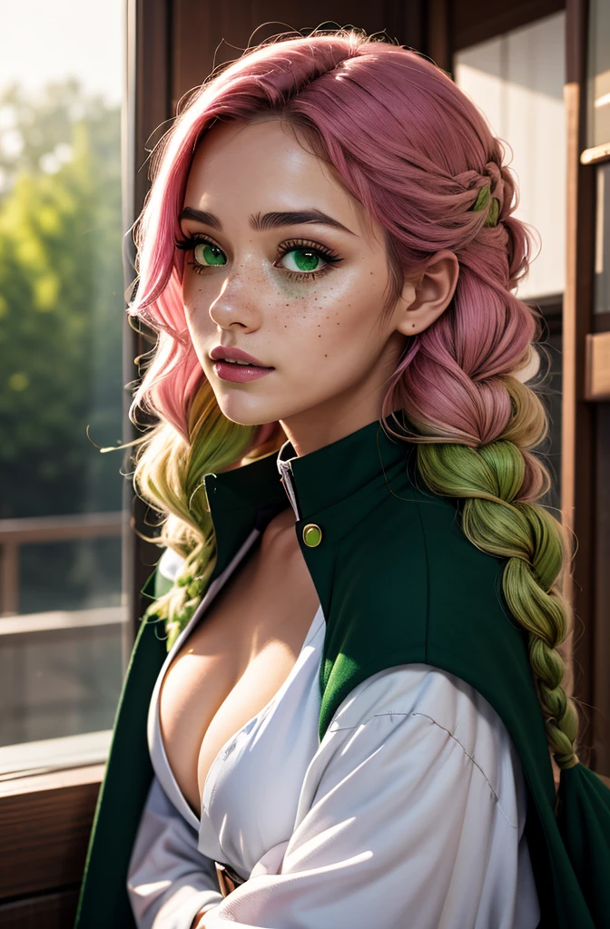 detailed face, detailed eyes, detailed skin, extremely detailed, intricate details, mitsuri kanroji, braid, zh_mushyee_normalgirl, Emmy Rossum, zh_mushyee_cosplaygirl, pale skin, tattoo, freckles, lips, gradient hair, (green eyes:1.5), green hair, long hair, mole, mole under eye, multicolored hair, pink hair, twin braids, two-tone hair, looking at viewer, solo, thin waist, slim, hourglass figure, medium breasts, belt, black skirt, cleavage, coat, demon slayer uniform, haori, japanese clothes, long sleeves, miniskirt, partially unbuttoned, pleated skirt, skirt, uniform, thighhighs (masterpiece, best quality, high resolution:1.4), (seductive pose:1.2), (dynamic angle), detailed fantasy background, fcDetailPortrait, detailed face, detailed eyes, detailed skin, extremely detailed, intricate details, casual photography, HDR, natural light, (anti-aliasing:1.2), elegant, soft scattered light, realistic proportions, limited palette, backlit, accent lighting, (neutral colors:1.3), cross process, cinematic lighting, coherent light, coherent shadows, cowboy shot,