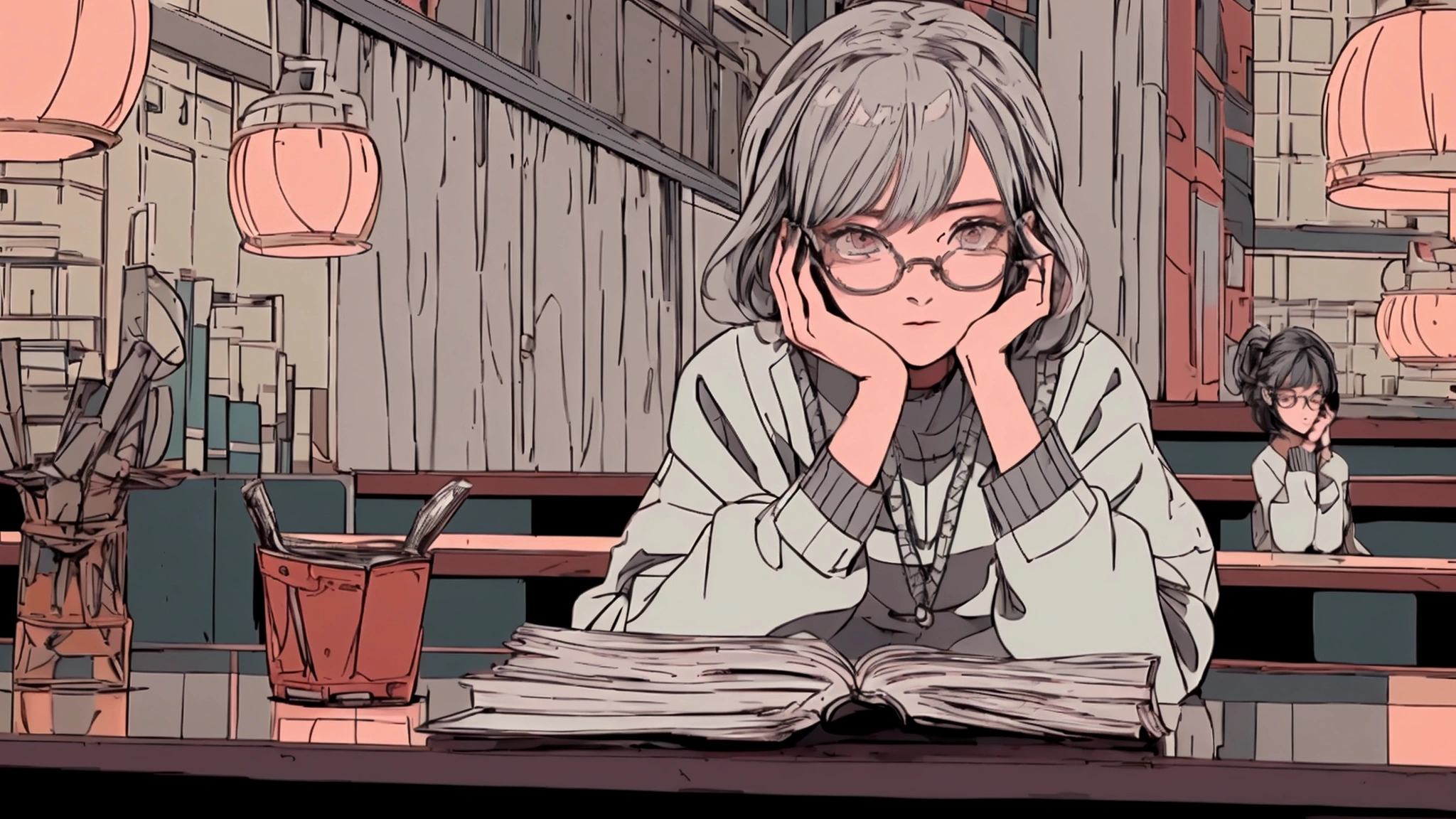 1 woman, attractive, detailed face, relaxed face expression, detailed hair, gray color hair, wearing boxy white shirt, glasses, reading book at night in library, lit by dim lamp, all muted tones