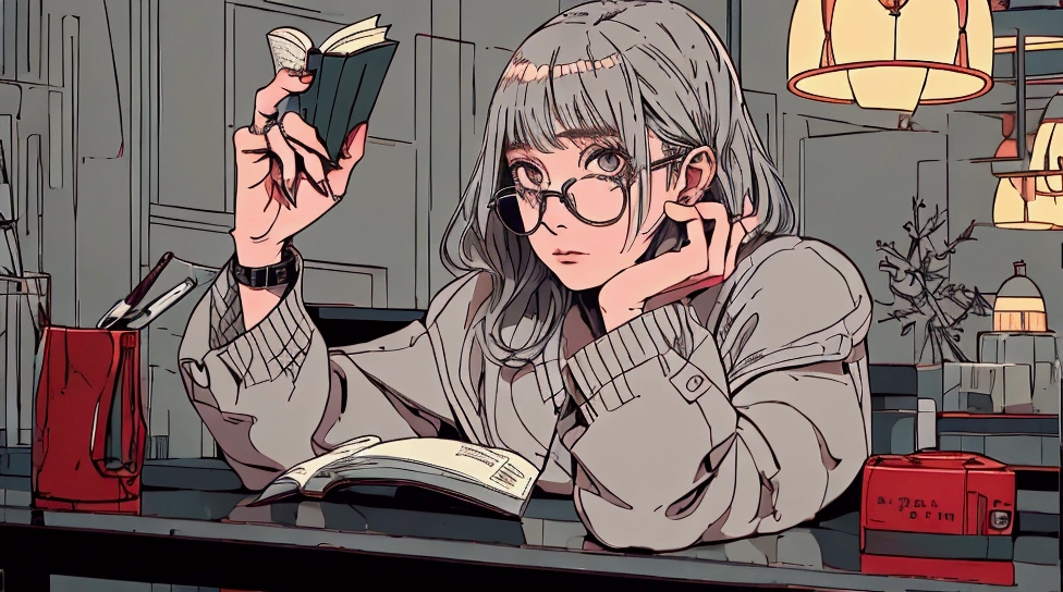 1 woman, attractive, detailed face, relaxed face expression, detailed hair, gray color hair, wearing boxy white shirt, glasses, reading book at night in library, lit by dim lamp, all muted tones