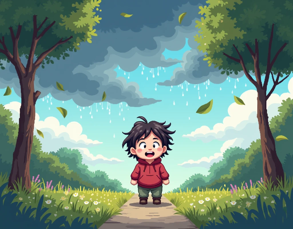 masterpiece, Highest quality, 8k, high details, Cute pixel art:1.3, The scene shifts as the weather changes. Dark clouds begin to gather in the sky, and the wind picks up. The child starts to feel cold, their playful smile fading into surprise and confusion. The park, once sunny and bright, now looks more somber as the storm approaches, with leaves blowing in the wind and the first few drops of rain falling.