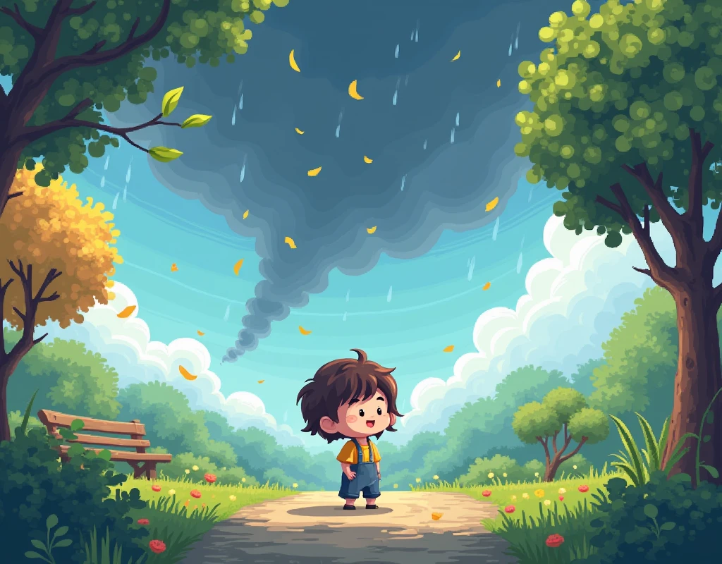 masterpiece, Highest quality, 8k, high details, Cute pixel art:1.3, The scene shifts as the weather changes. Dark clouds begin to gather in the sky, and the wind picks up. The child starts to feel cold, their playful smile fading into surprise and confusion. The park, once sunny and bright, now looks more somber as the storm approaches, with leaves blowing in the wind and the first few drops of rain falling.