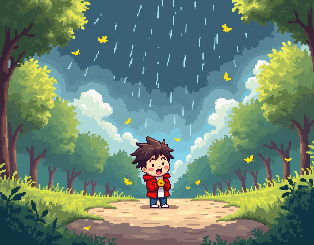 masterpiece, Highest quality, 8k, high details, Cute pixel art:1.3, The scene shifts as the weather changes. Dark clouds begin to gather in the sky, and the wind picks up. The child starts to feel cold, their playful smile fading into surprise and confusion. The park, once sunny and bright, now looks more somber as the storm approaches, with leaves blowing in the wind and the first few drops of rain falling.