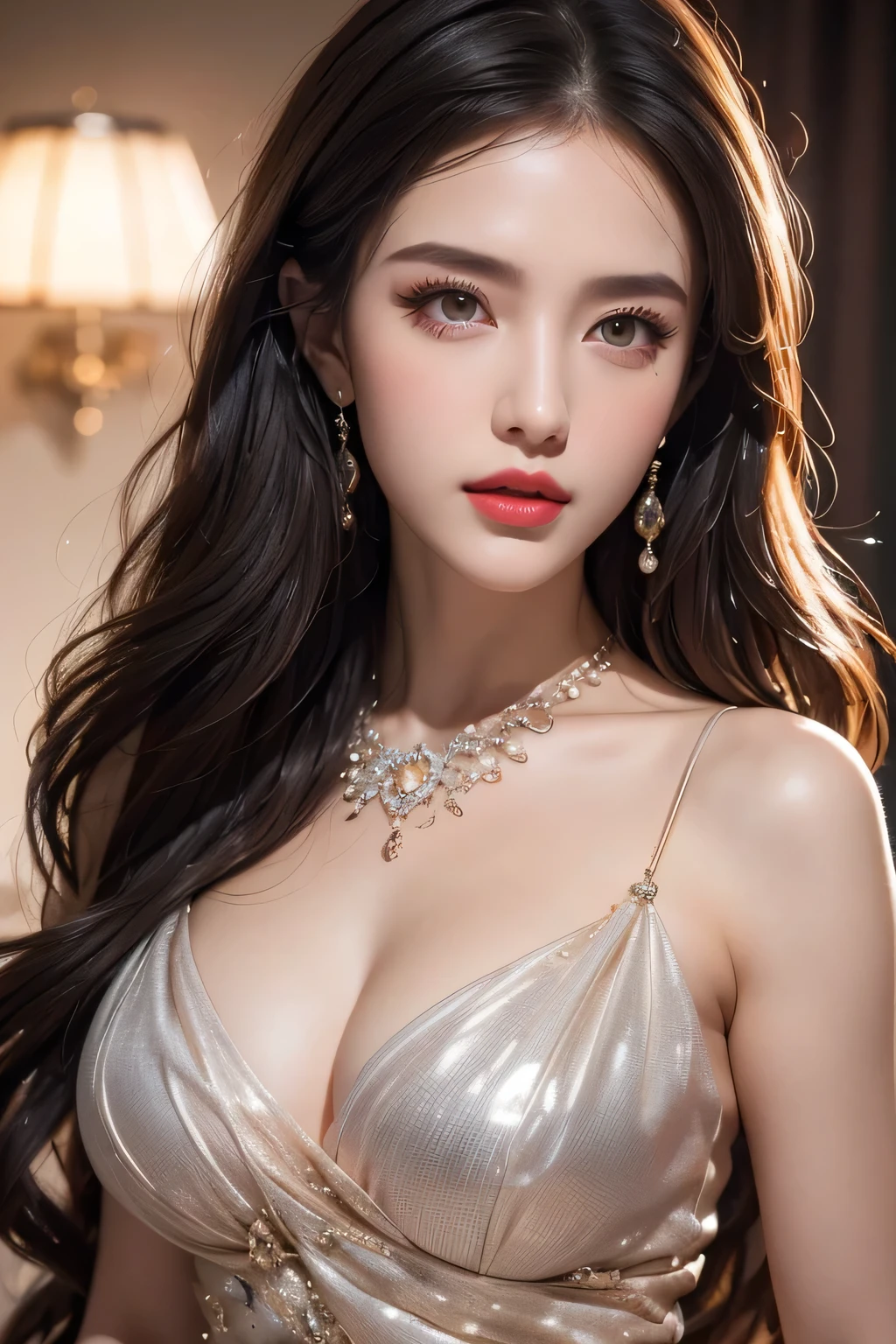 High-quality work,Realistic works,Super premium graphics,8K HD CG works,high quality graphics,High-definition and exquisite CG works,10x pixels,Ultra-fine details:1.1,Advanced technical details:1.1Realistic photo effects,Interior lighting effects:1.5,natural soft light:1.5. Light effect(Virtual light effects:1.8),ultra high resolution,shining dress,sliver long hair,silber hair,transparenthair,high detailed hair(Quality hair details:1.1)Clear eyes,Double eyelids look good,Sharp eye makeup, Create exquisite eyelash makeup, tthin eyebrows, Ultra-detailed eyes,a tall nose, lovely red lips, rosey cheeks, With delicate makeup on her face , pretty face, The face shape is perfectly proportioned,(Advanced facial details:1.1)1girl, long black hair, straight hair, Bright red lipstick,big eyes,black eyes,looking at viewer, black dress (masterpiece, best quality:1.4),(photorealistic:1.4)(realistic, photo-realistic:1.4),8k UHD,ultra high res, , Women's artwork,Dress full body video,Realism,Amazing Cleavage,My eyes are very bright today