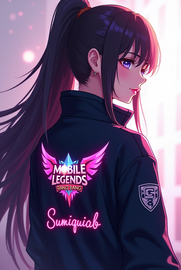 Anime woman with long hair no bangs, facing back with side head wearing jacket with logo of mobile legends bang bang and with my last name SUMIQUIAB