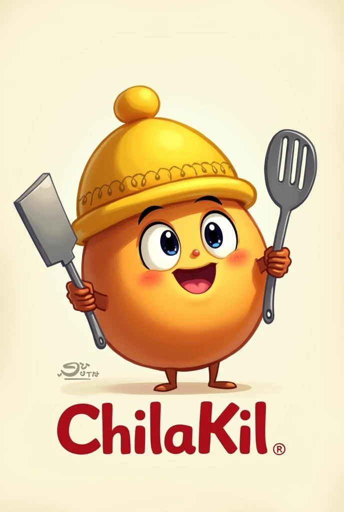Totopo with a yellow hat with eyes and an animated smile. Holding cutlery with the phrase ChilaKil underneath 