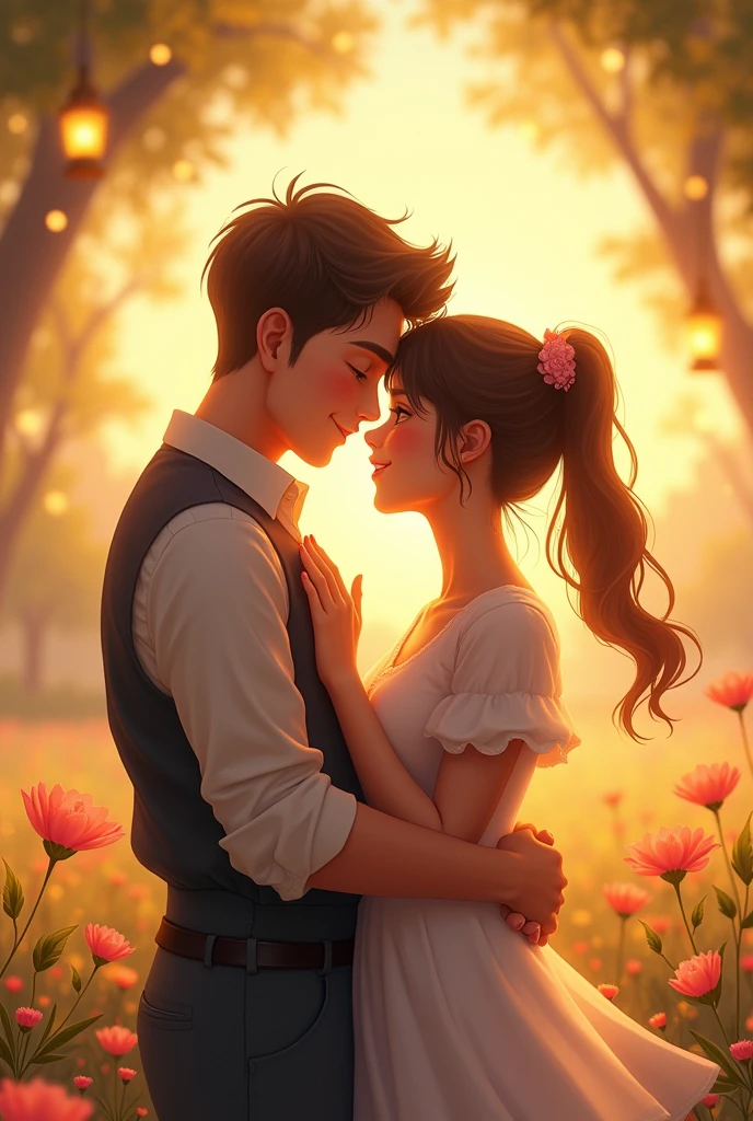 A girl and boy deeply in love and hugging each other and something wuch representing that they meet after long long time