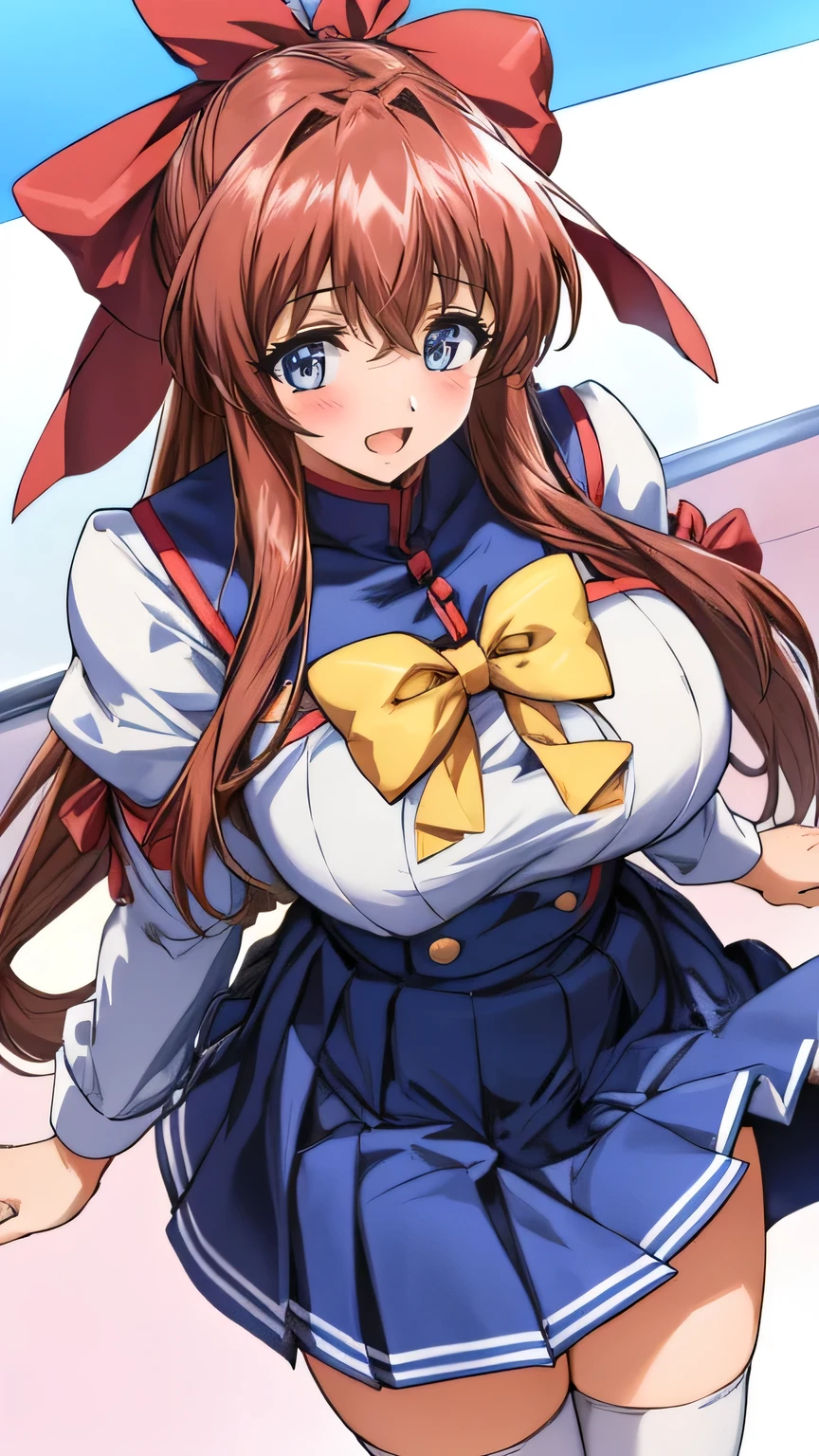 Anime illustration　Aoikan, 1 person, Hair Ribbon, school uniform, Long sleeve, bow tie, Blue Skirt,Big Breasts、 blush, Cute smile　Open your mouth, Are standing, From above, She lifts her skirt with her hands., I can see her panties　Skirt Lift, High Knee Socks　Two arms