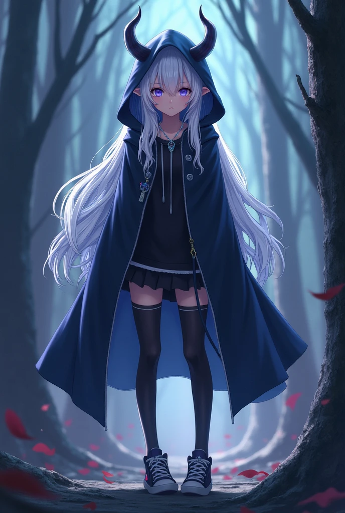 Girl ; black hood with horns on top; black stockings and sneakers; white long hair; elf ears; violet-blue eyes.   Best quality. Аниме 2D