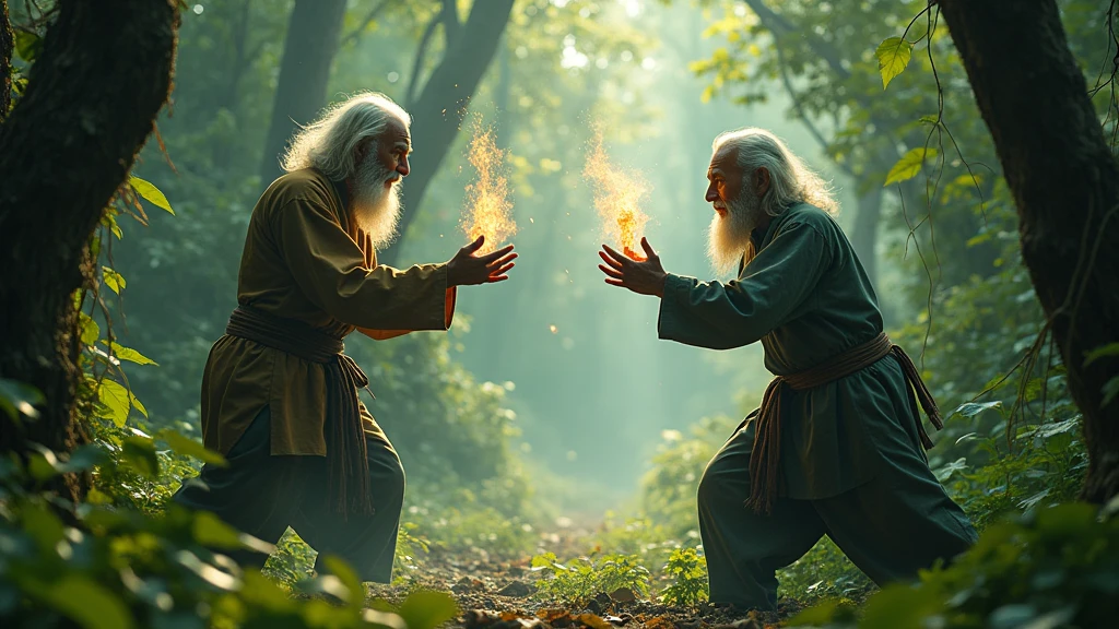 Two old Cambodian men fight magic in the forest during the day 8k