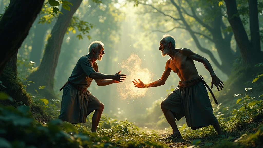 Two old Cambodian men fight magic in the forest during the day 8k  