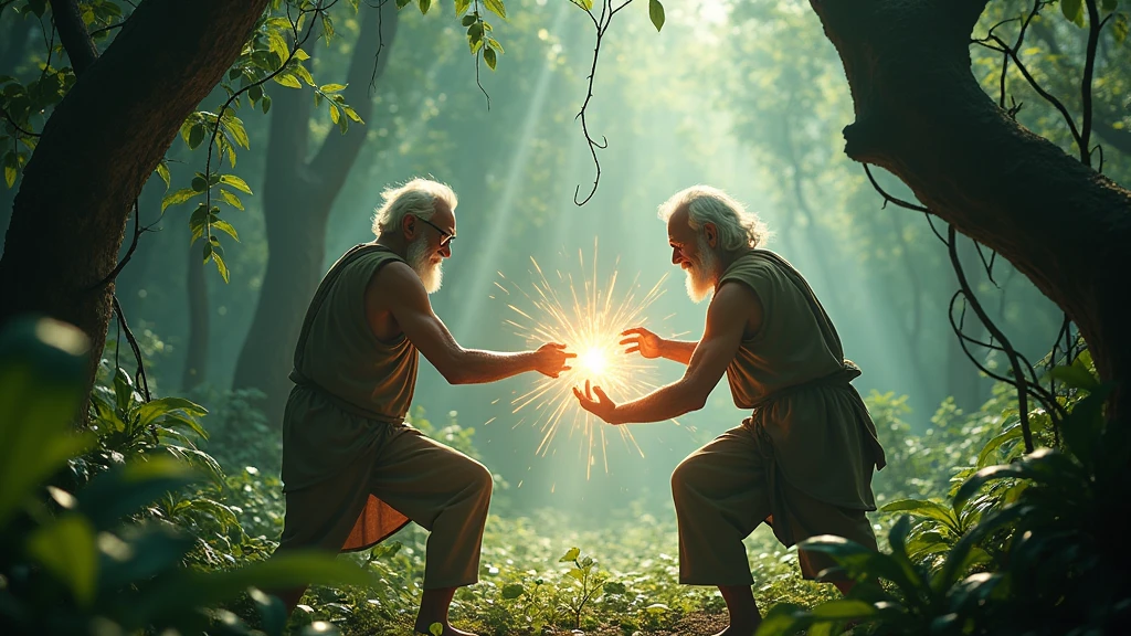 Two old Cambodian men fight magic in the forest during the day 8k