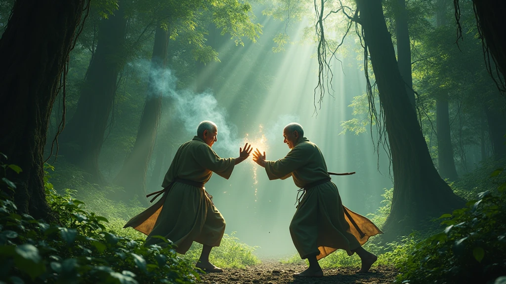 Two old Cambodian men fight magic in the forest during the day 8k